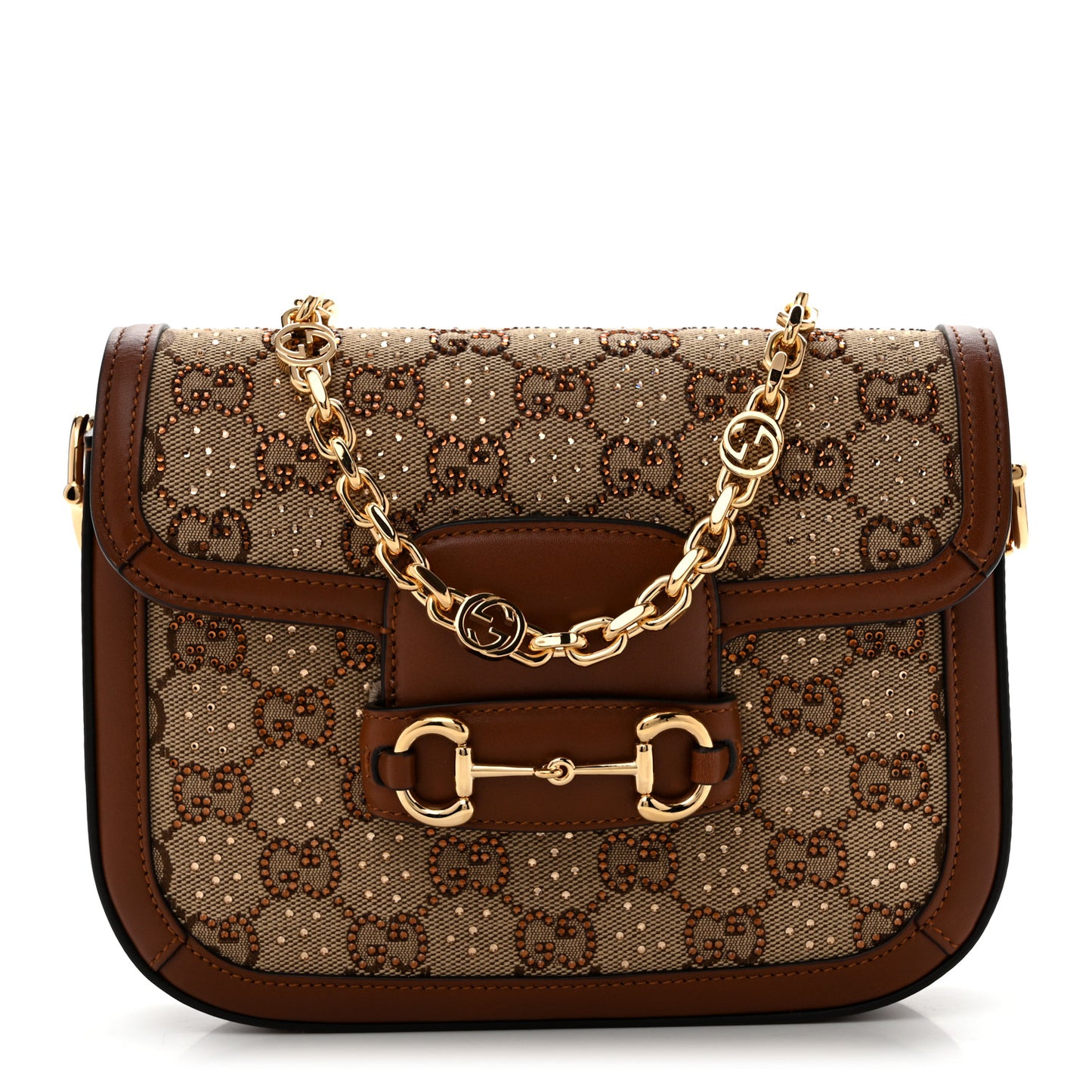 New Canvas Charisma Calfskin Crystal GG Monogram Mini Horsebit 1955 Shoulder Bag Camel Ebony