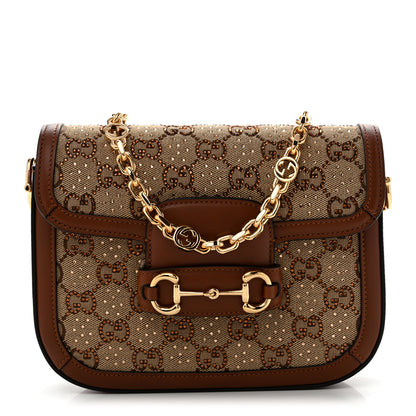 Gucci New Canvas Charisma Calfskin Crystal GG Monogram Mini Horsebit 1955 Shoulder Bag Camel Ebony 1 of 11