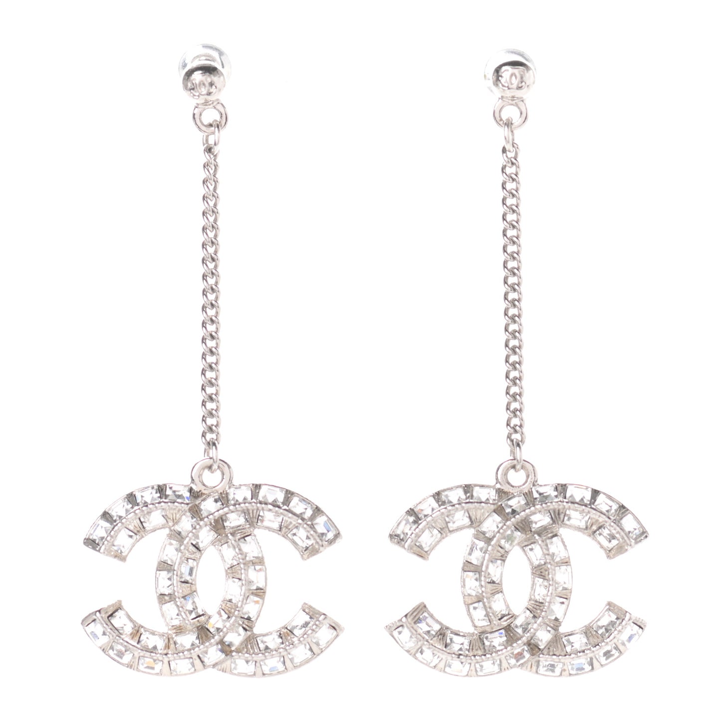 Baguette Crystal CC Drop Earrings Silver