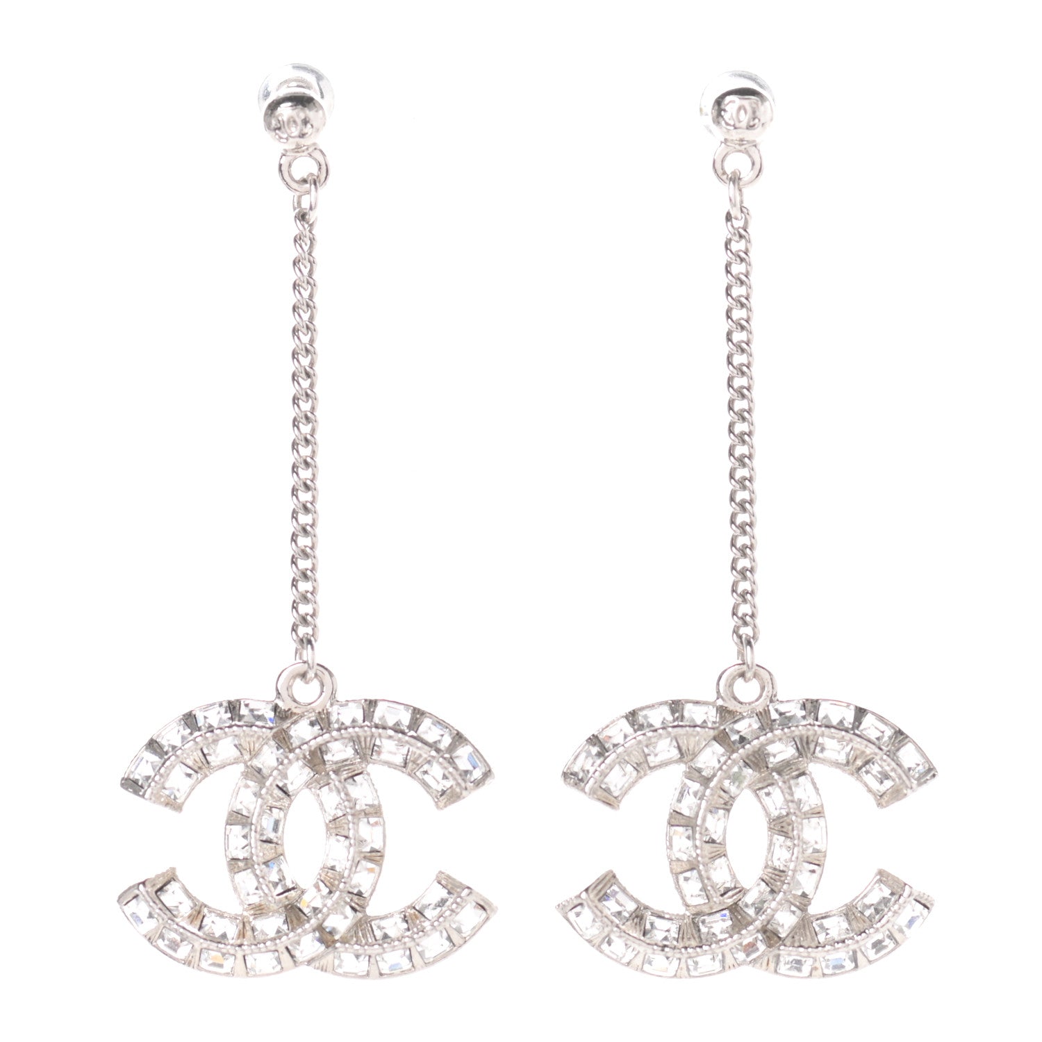 Chanel Baguette Crystal CC Drop Earrings Silver 1 of 4