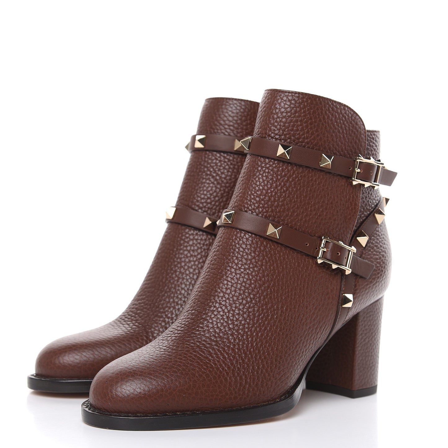 Pebbled Calfskin Rockstud Double Buckle 70mm Block Heel Ankle Boots 35 Light Brown