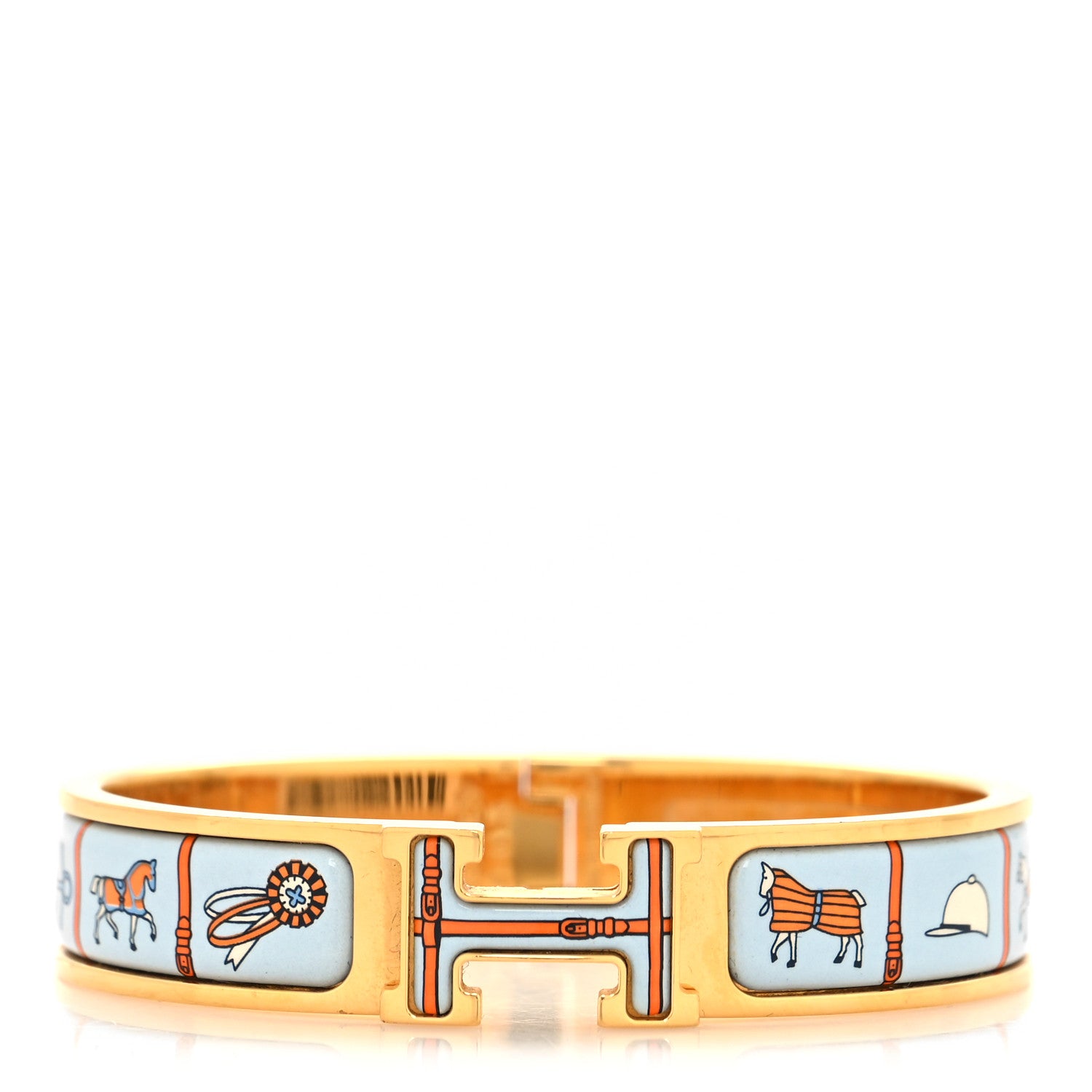 Hermes Enamel Printed Narrow Couvertures et Tenues de Jour Clic Clac H Bracelet PM Orange Blue 1 of 5