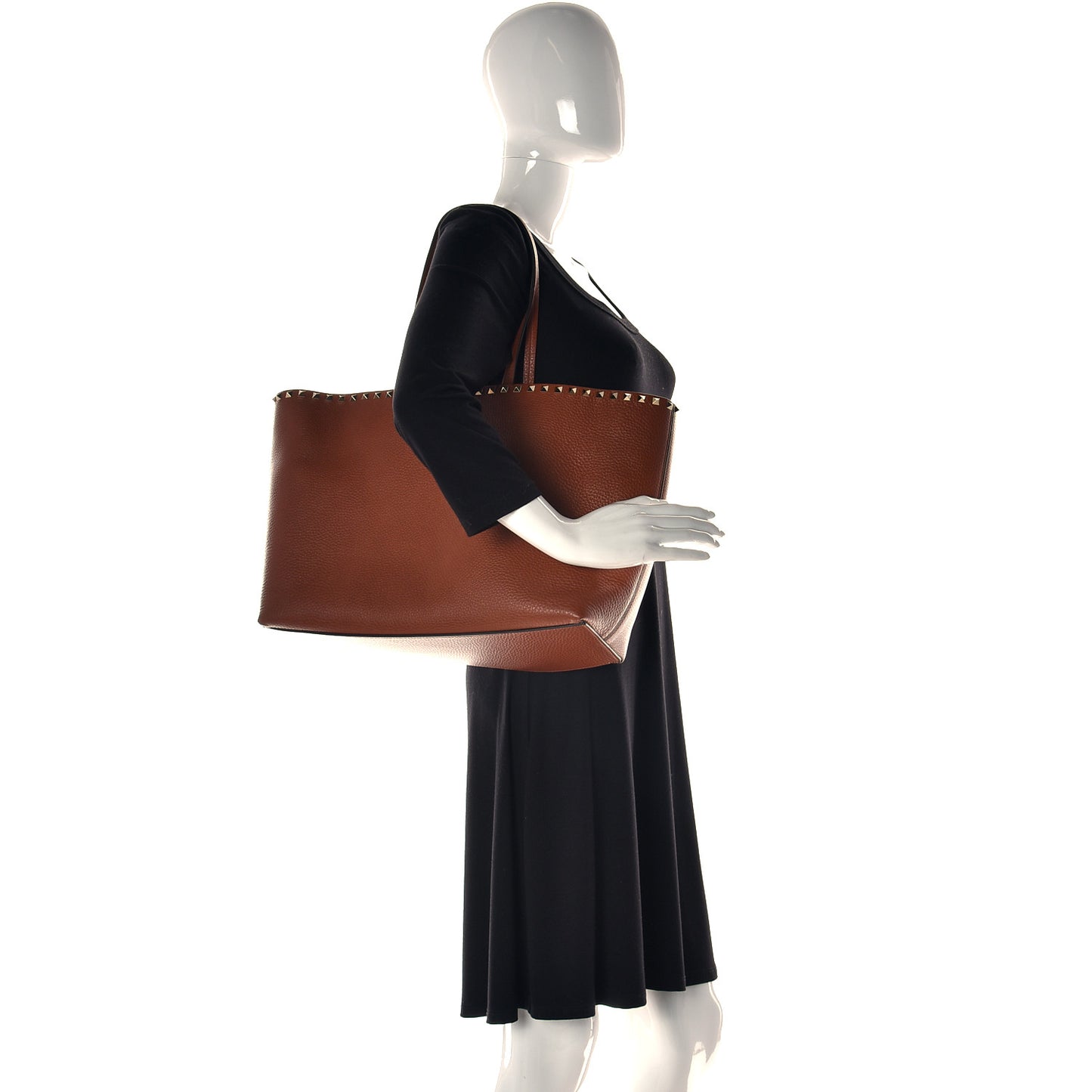 Grained Calfskin Rockstud Shoulder Tote Bright Cognac