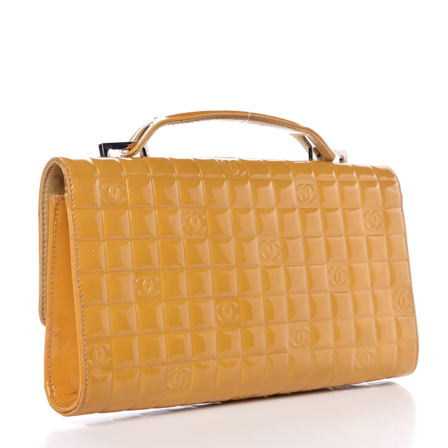 Patent Quilted Chocolate Bar Top Handle Clutch Yellow