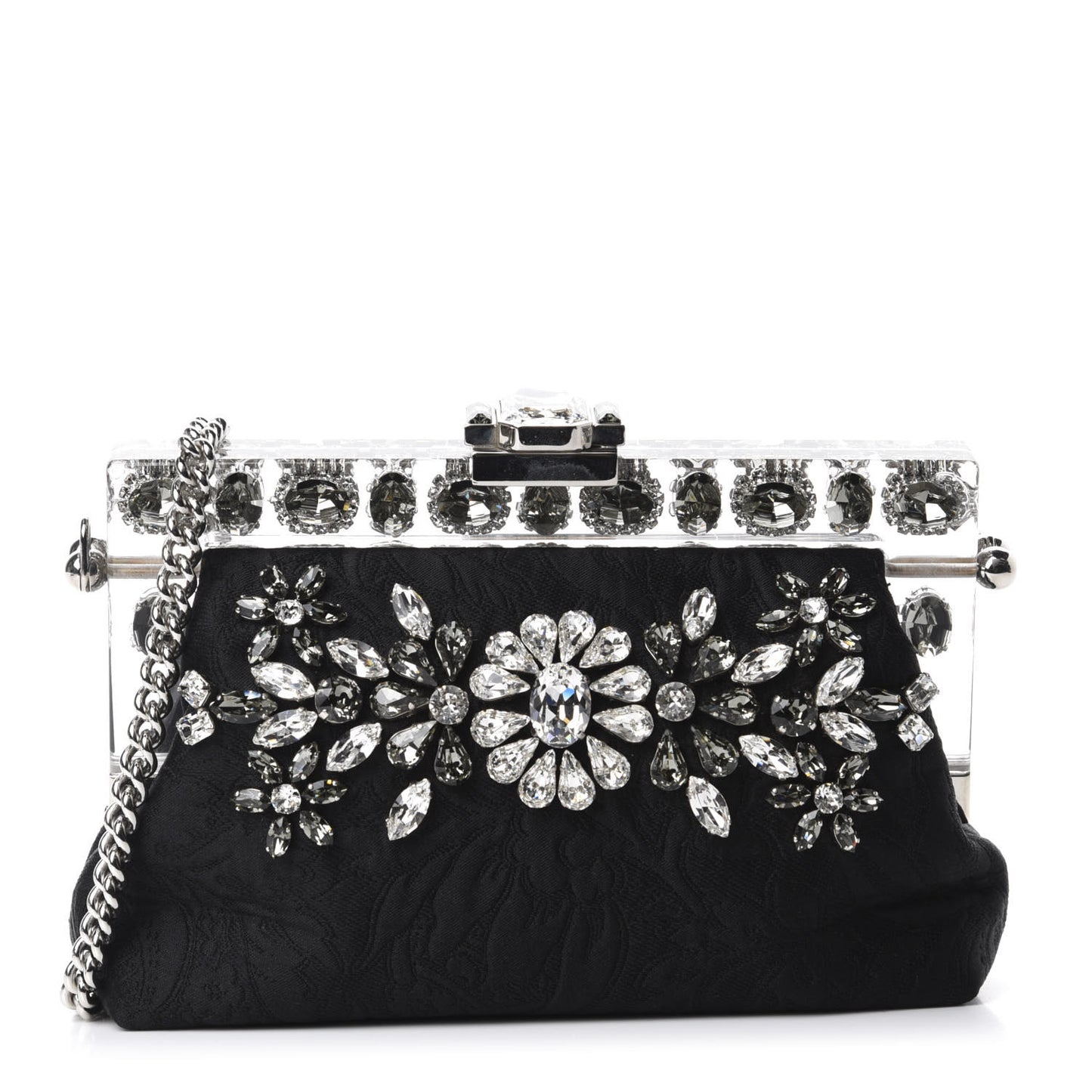 Satin Lace Crystal Embellished Plexis Glass Chain Clutch Black