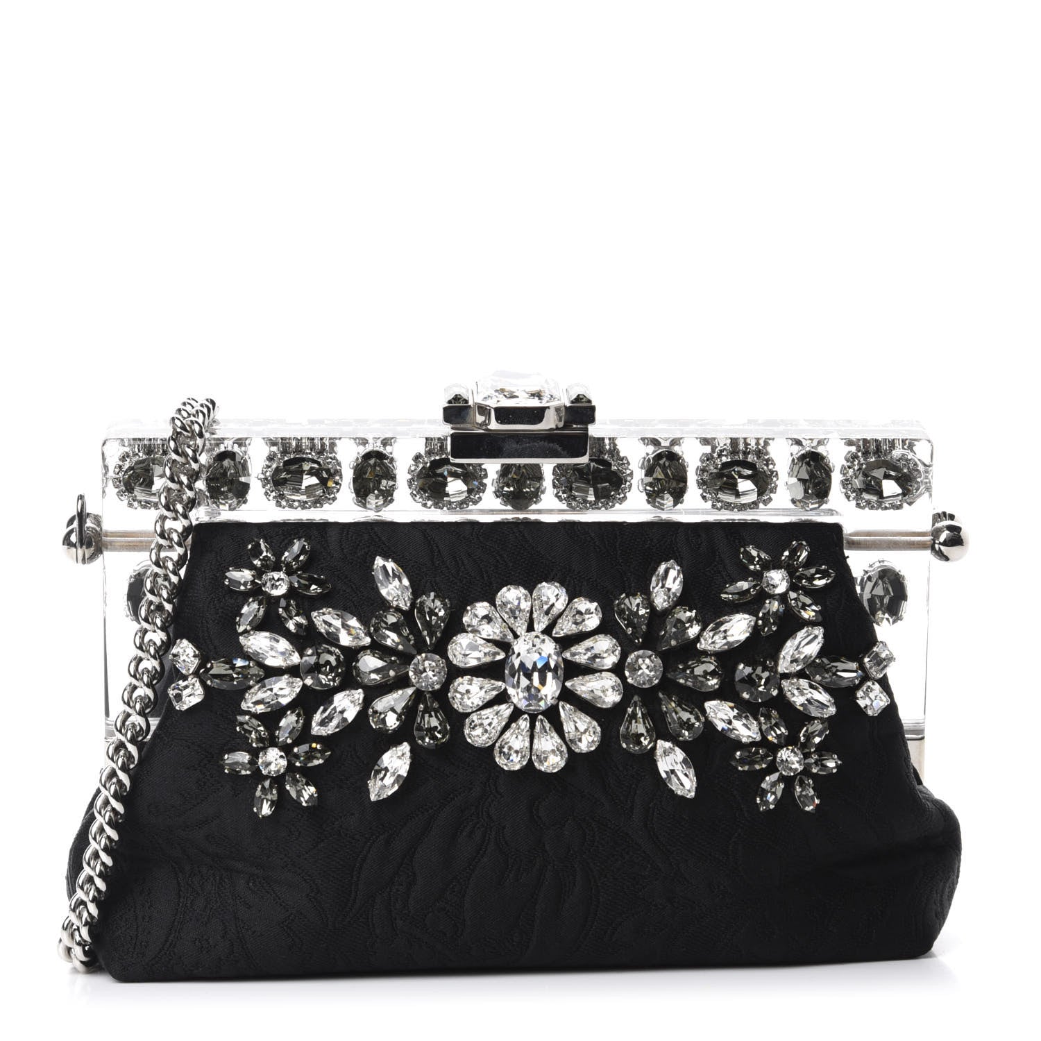 Dolce & Gabbana Satin Lace Crystal Embellished Plexis Glass Chain Clutch Black 1 of 9