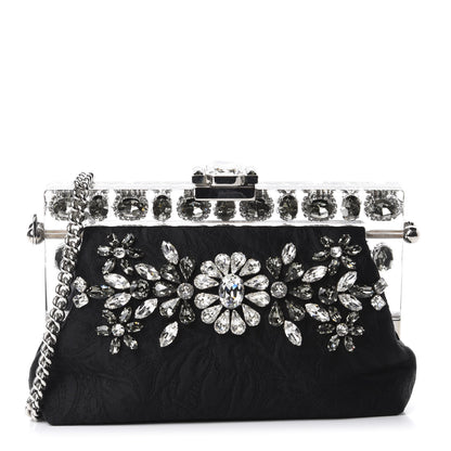 Dolce & Gabbana Satin Lace Crystal Embellished Plexis Glass Chain Clutch Black 1 of 9