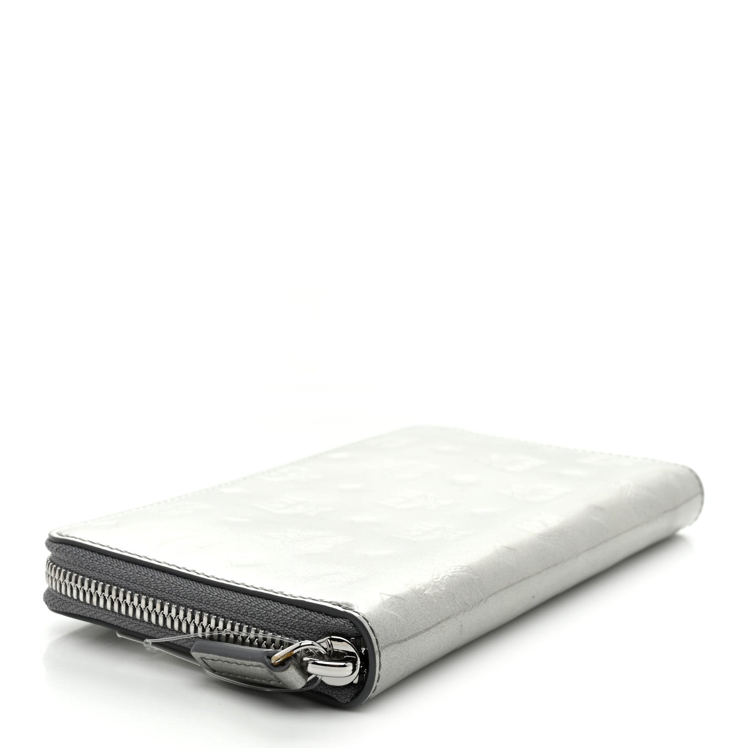 MCM Metallic Monogram Patent Large Zip Around Wallet Silver