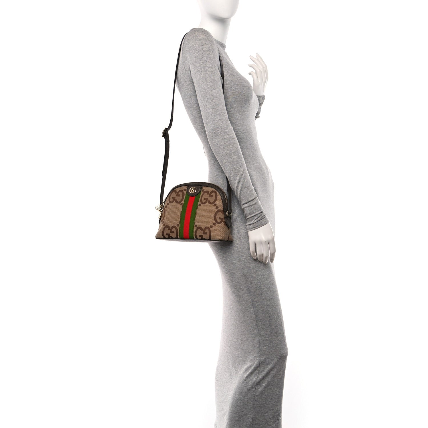 Gucci Monogram Jumbo GG Textured Dollar Calfskin Web Small Ophidia Dome Shoulder Bag Camel Ebony New Acero 2 of 11