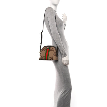 Gucci Monogram Jumbo GG Textured Dollar Calfskin Web Small Ophidia Dome Shoulder Bag Camel Ebony New Acero 2 of 11