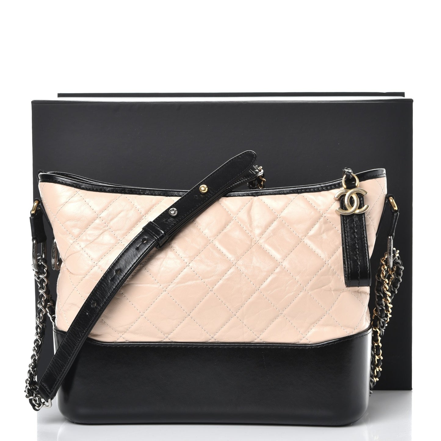 Aged Calfskin Quilted Medium Gabrielle Hobo Beige Black
