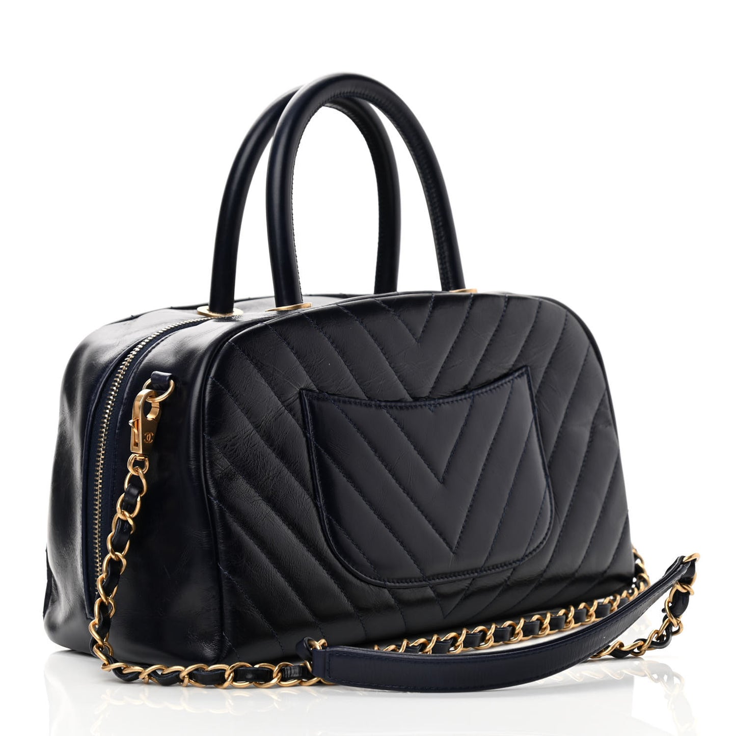 Glazed Calfskin Chevron Small Bowling Bag Navy