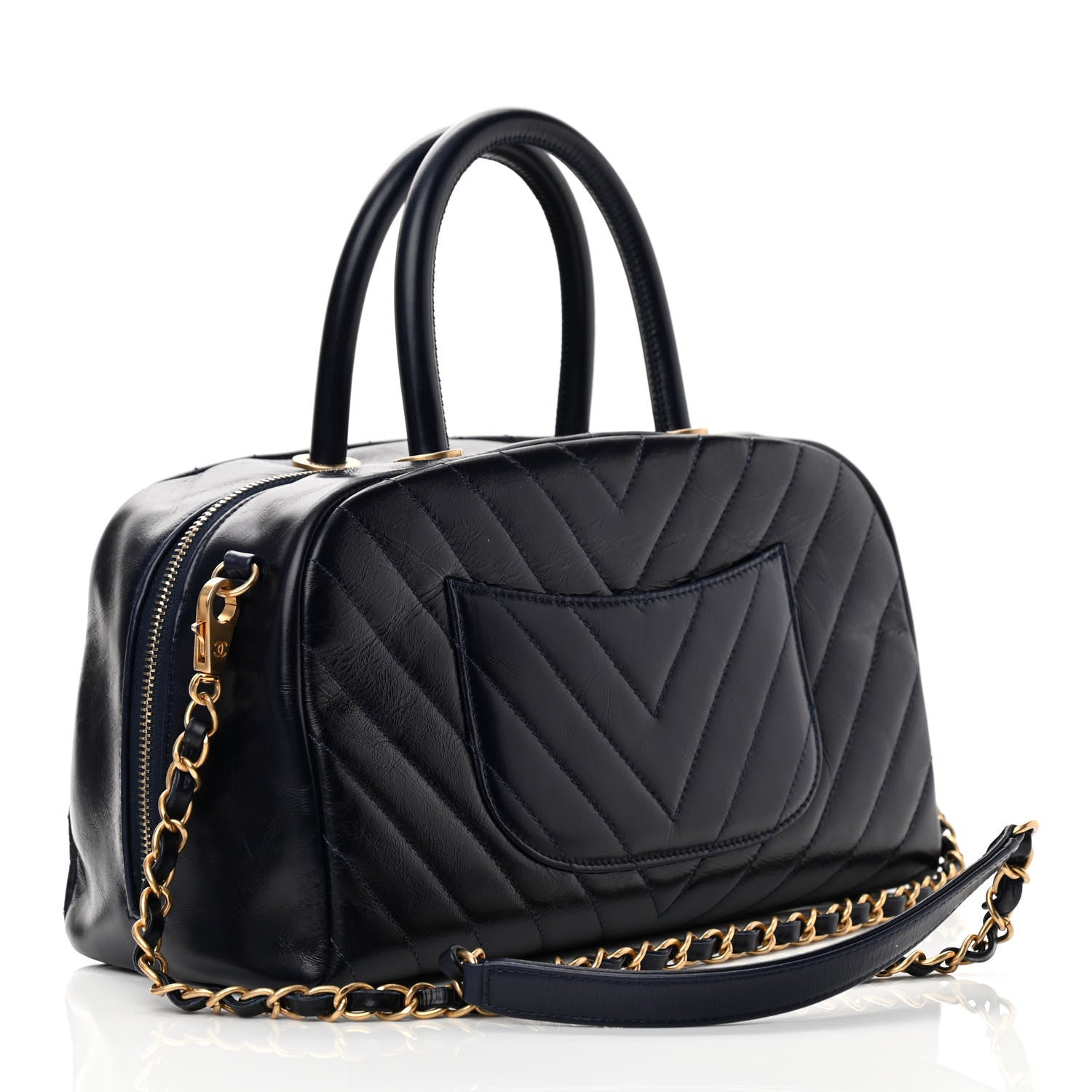 Chanel Glazed Calfskin Chevron Small Bowling Bag Navy 2 of 12