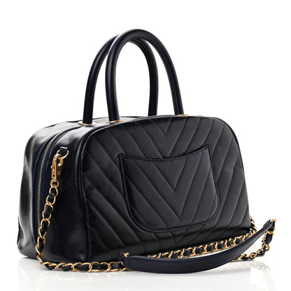Chanel Glazed Calfskin Chevron Small Bowling Bag Navy 2 of 12