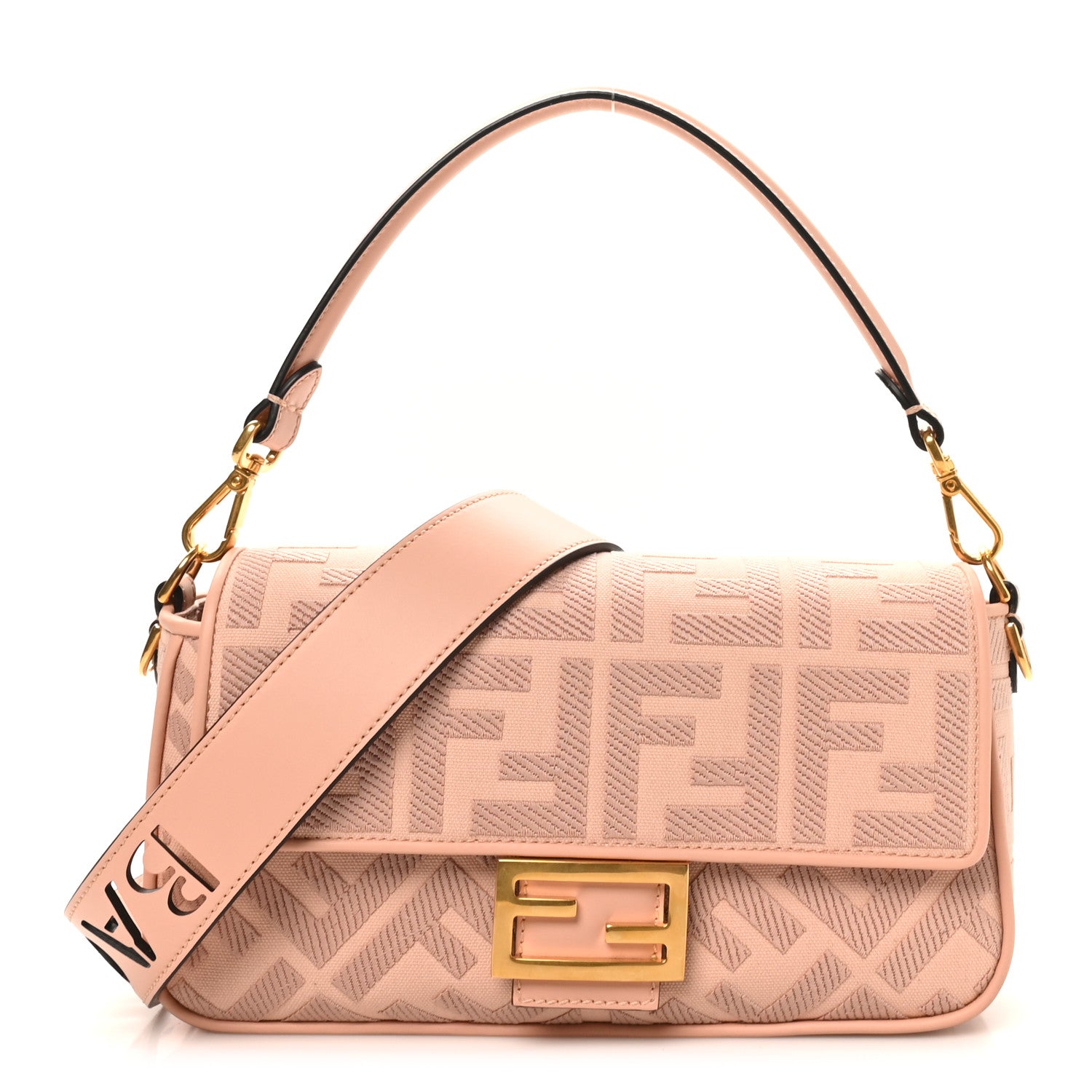 Fendi Canvas Vitello King Extra Strap FF Embroidered Baguette Baby Pink 1 of 9