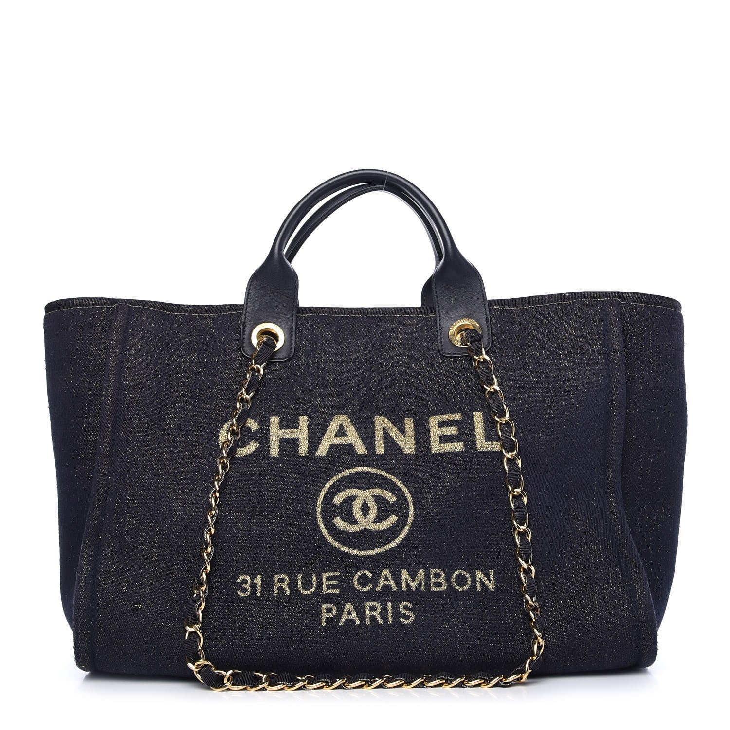 Chanel Lurex Canvas Medium Deauville Tote Navy Blue Gold 1 of 9