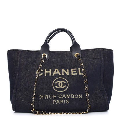 Chanel Lurex Canvas Medium Deauville Tote Navy Blue Gold 1 of 9