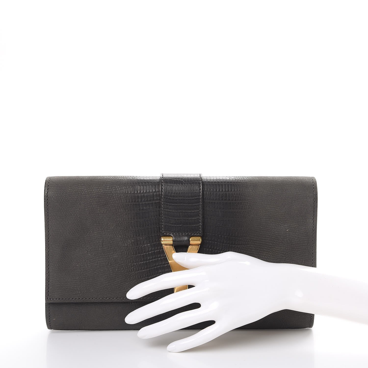 Saint Laurent Lizard Calfskin Embossed Classic Y Clutch Black 2 of 14