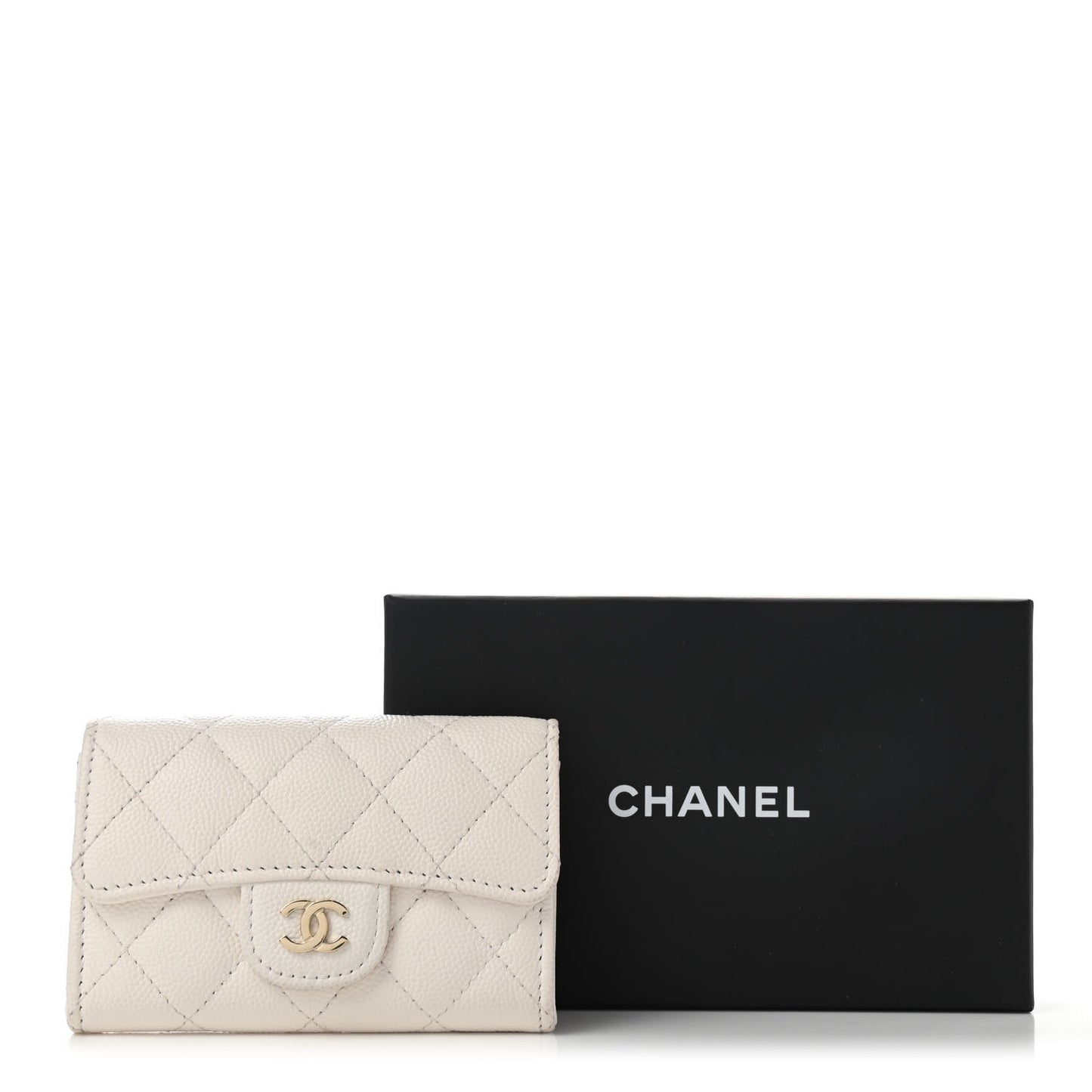 Caviar Quilted Flap Card Holder Wallet White