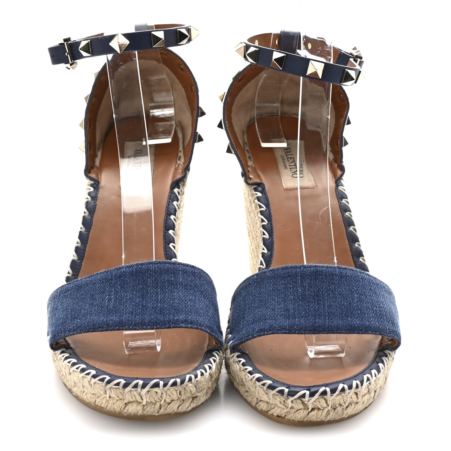 Valentino Garavani Denim Rockstud Ankle Strap Espadrille 15/105mm Wedge Sandals 39 Light Denim 3 of 9