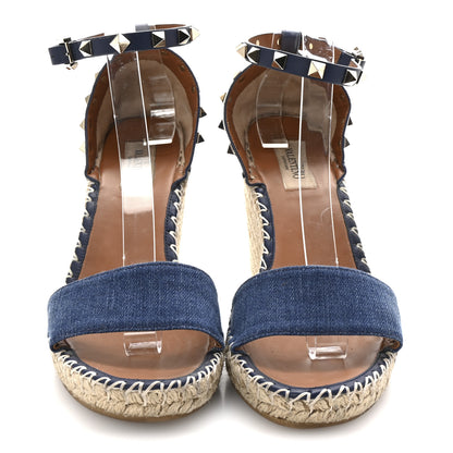 Valentino Garavani Denim Rockstud Ankle Strap Espadrille 15/105mm Wedge Sandals 39 Light Denim 3 of 9