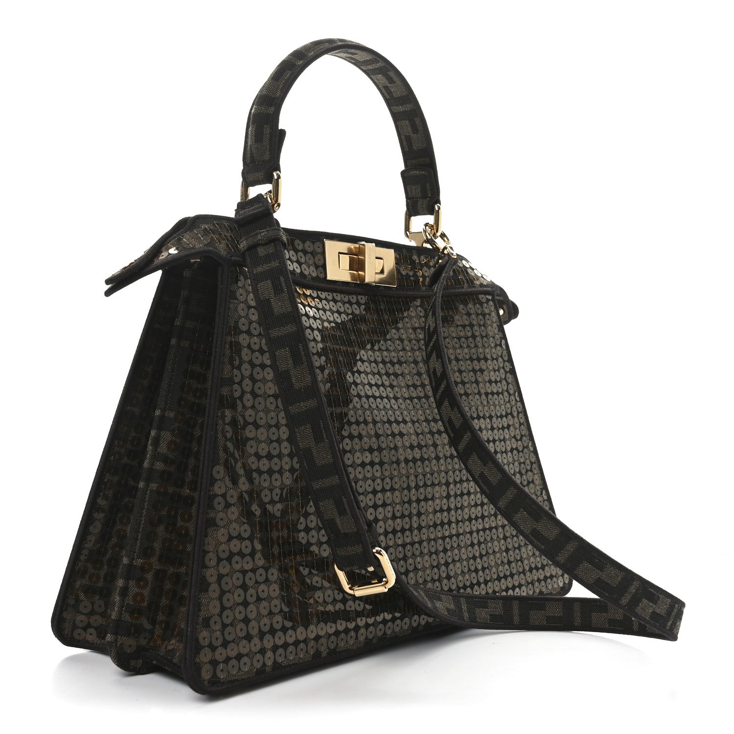 Fendi Fabric Jacquard Paillettes Vitello Seta FF 1974 Medium Peekaboo I SEE U Satchel Tobacco Moro 3 of 9