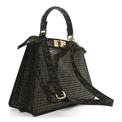 Fendi Fabric Jacquard Paillettes Vitello Seta FF 1974 Medium Peekaboo I SEE U Satchel Tobacco Moro 3 of 9