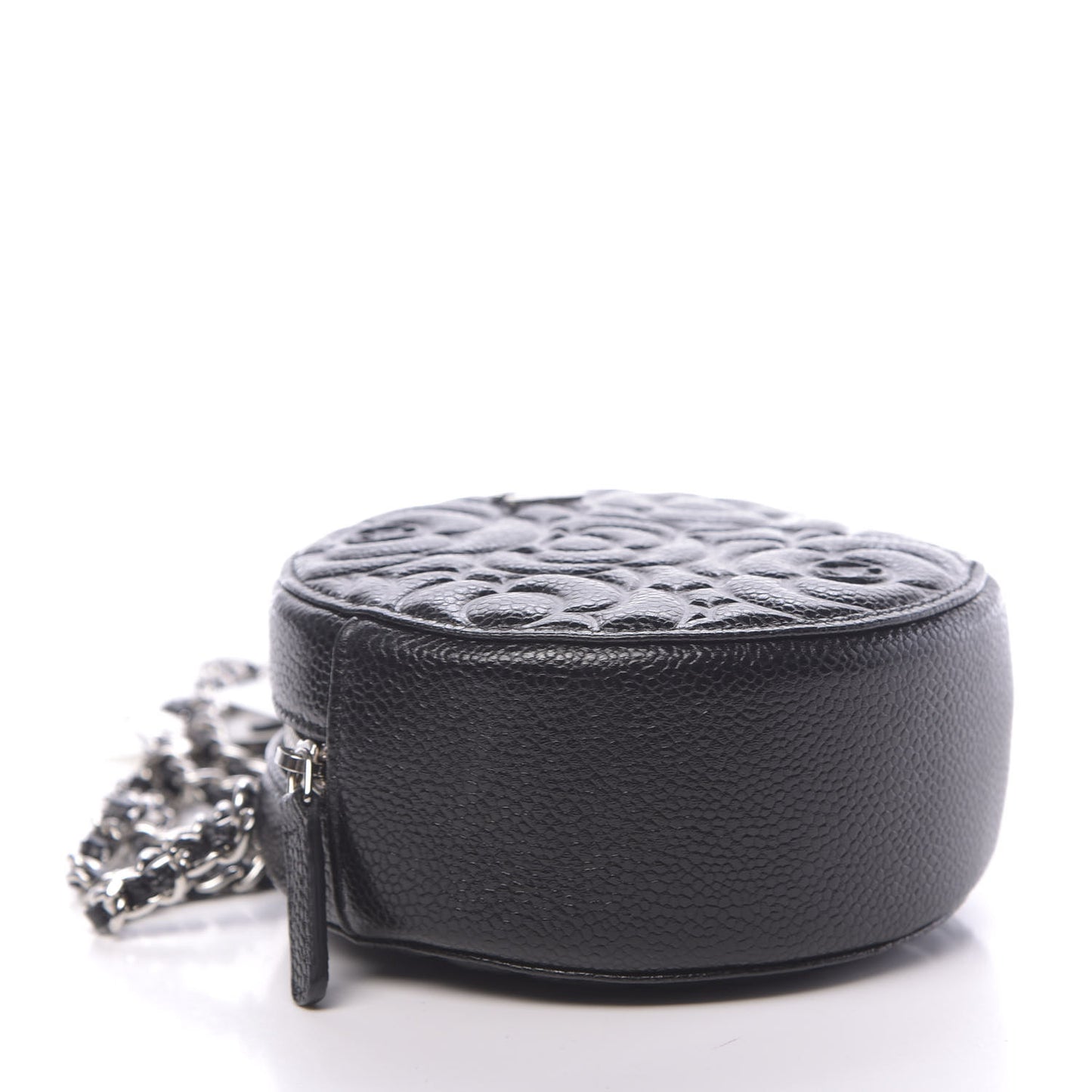 Caviar Camellia Embossed Round Clutch With Chain Black