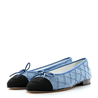 Chanel Denim Embroidered Grosgrain CC Cap Toe Ballerina Flats 37 Blue Black 3 of 9