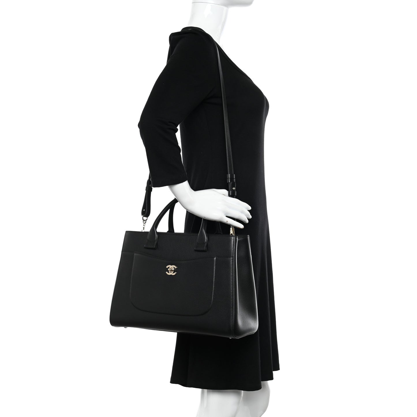 Grained Calfskin Small Neo Executive Shopper Tote Black