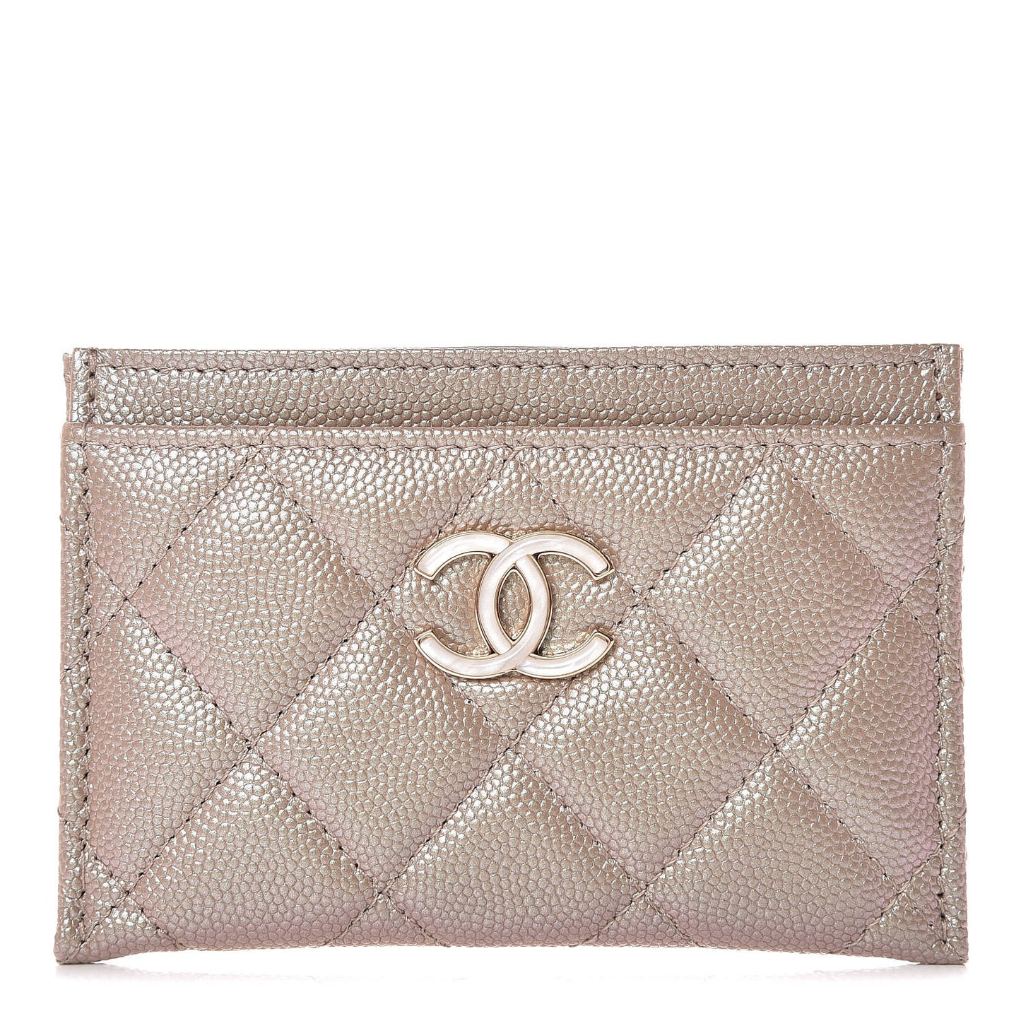 Iridescent Caviar Quilted Card Holder Beige