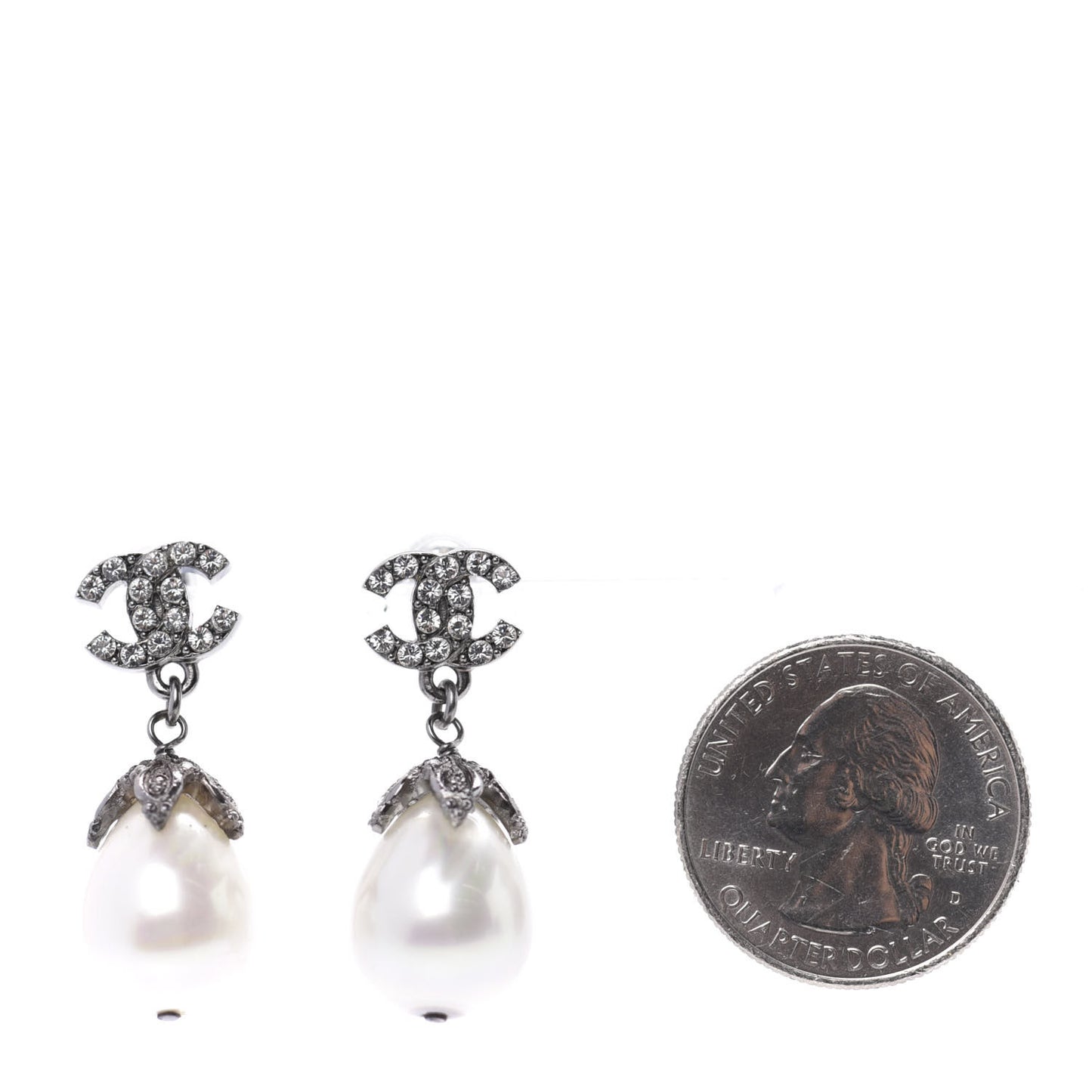 Crystal Pearl CC Drop Earrings Silver