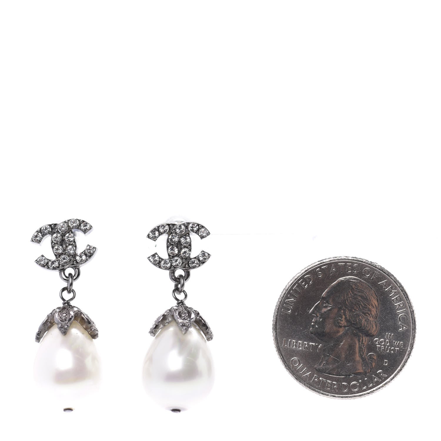 Chanel Crystal Pearl CC Drop Earrings Silver 2 of 4