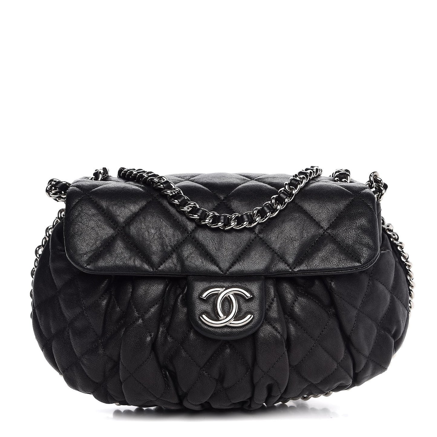 Washed Lambskin Quilted Medium Chain Around Messenger Black