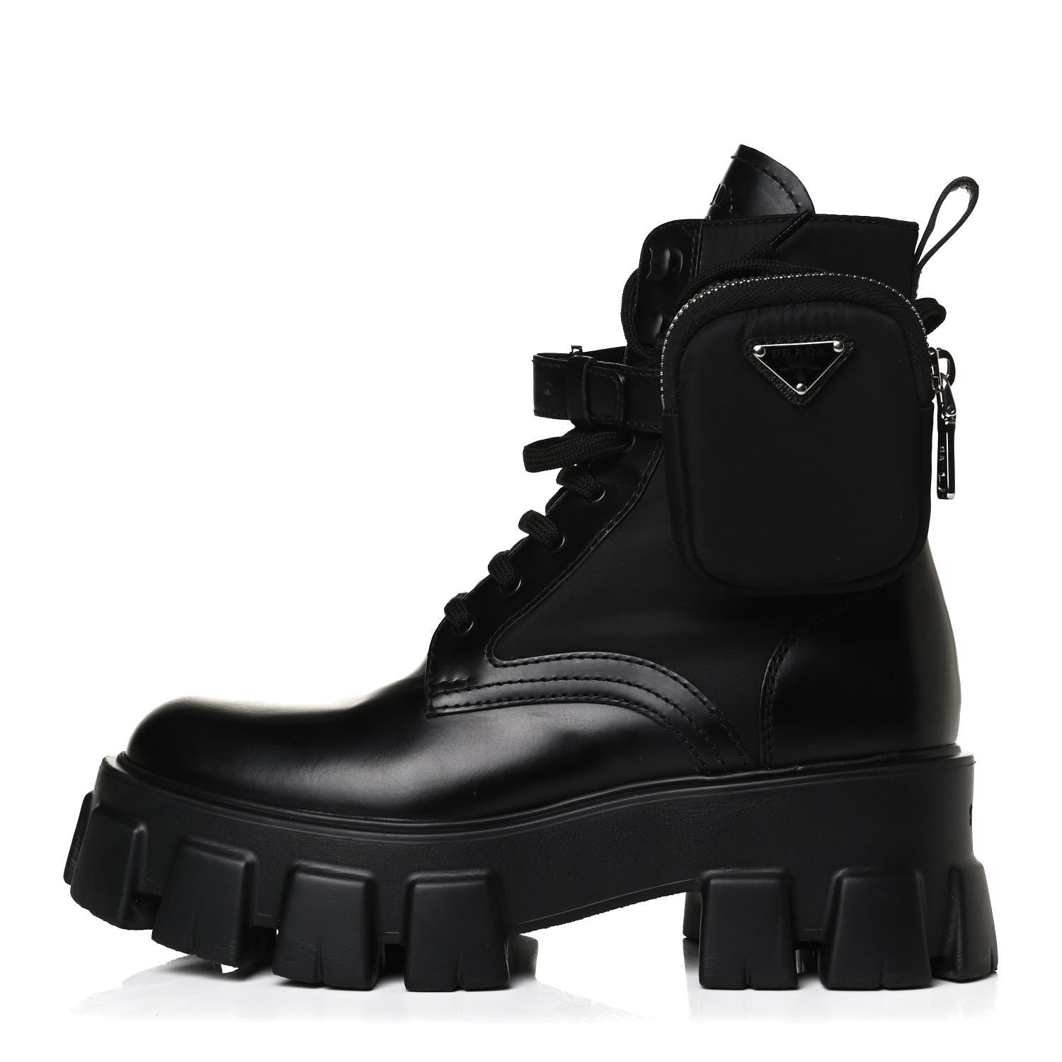 Prada Spazzolato Rois Nylon Metal Triangle Logo Monolith Pouch Pocket 55mm Boots 38 Black 1 of 14