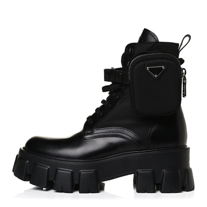 Prada Spazzolato Rois Nylon Metal Triangle Logo Monolith Pouch Pocket 55mm Boots 38 Black 1 of 14