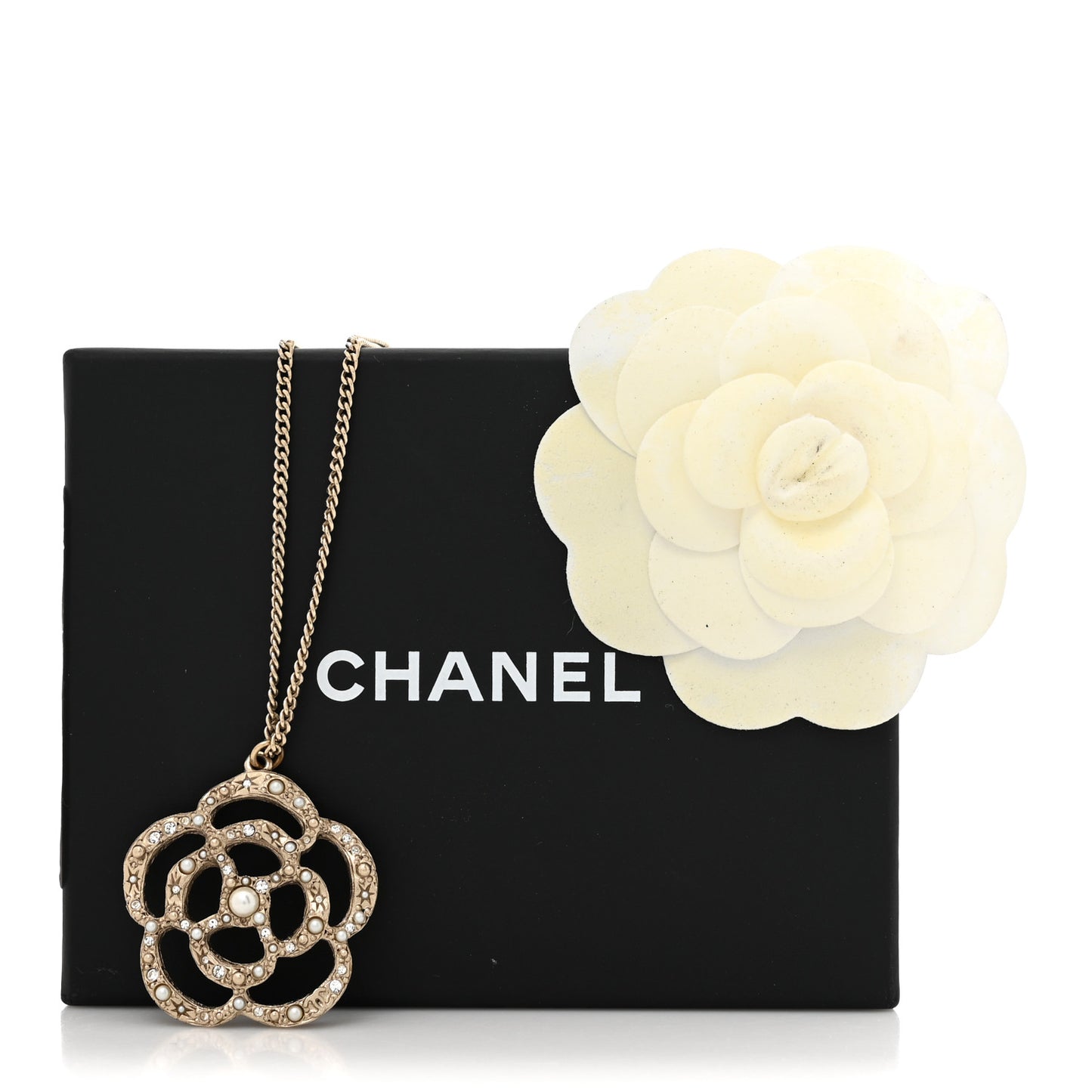 Pearl Crystal Large Camellia Pendant Necklace Light Gold