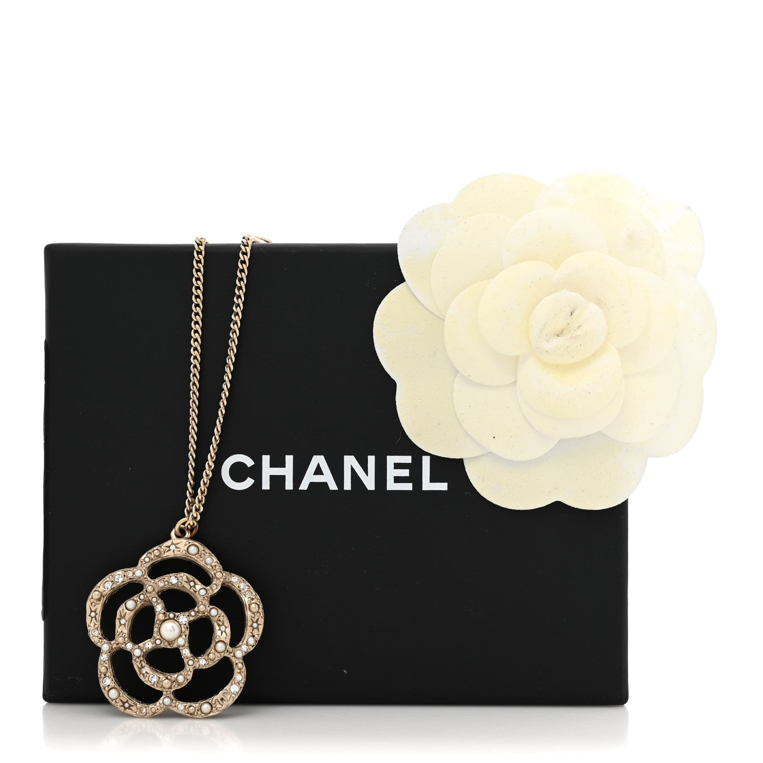 Chanel Pearl Crystal Large Camellia Pendant Necklace Light Gold 5 of 5