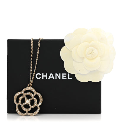 Chanel Pearl Crystal Large Camellia Pendant Necklace Light Gold 5 of 5
