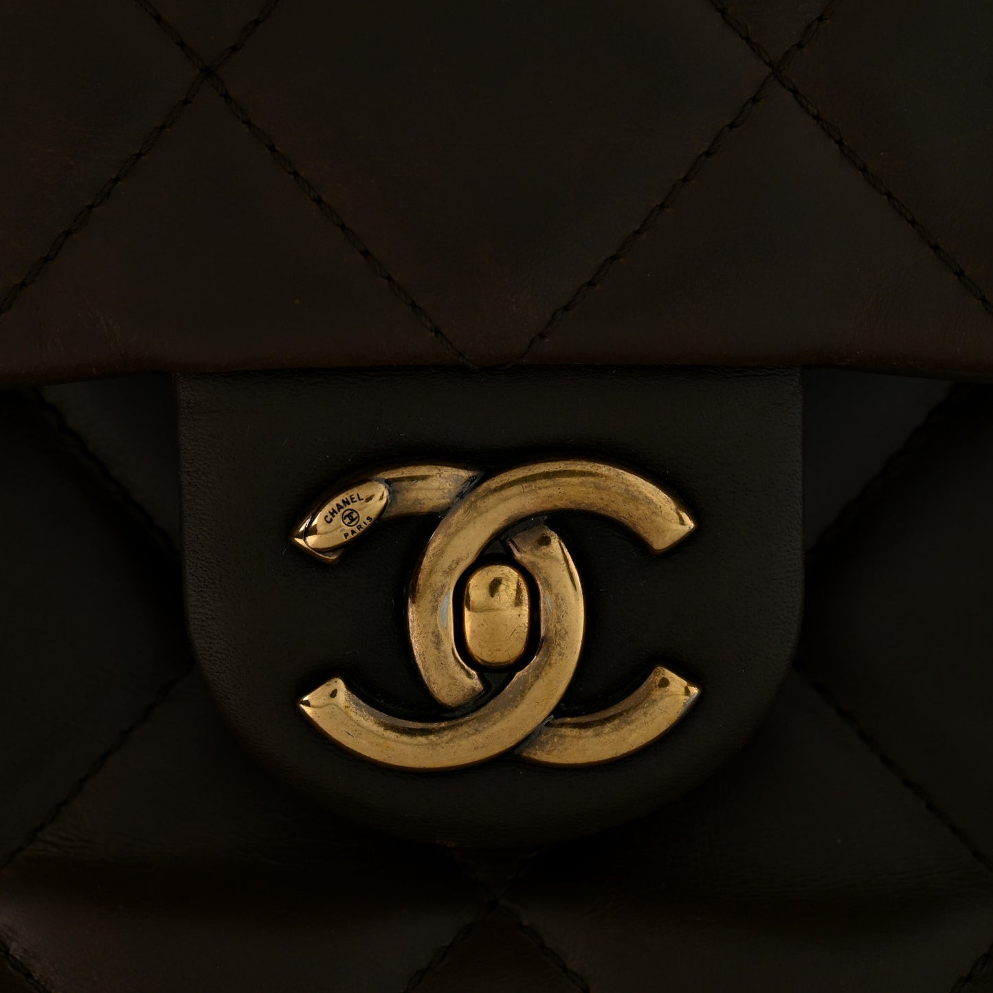 Calfskin Quilted Medium Gold Bar Top Handle Flap Dark Khaki