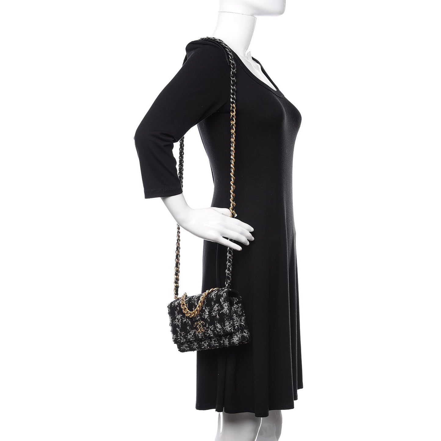 Wool Tweed Lambskin Quilted Chanel 19 Wallet On Chain WOC Black