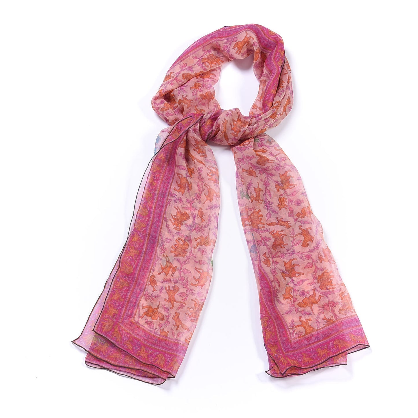 Silk Mousseline Chasse En Inde Stole Poudre Irise Corail Vert