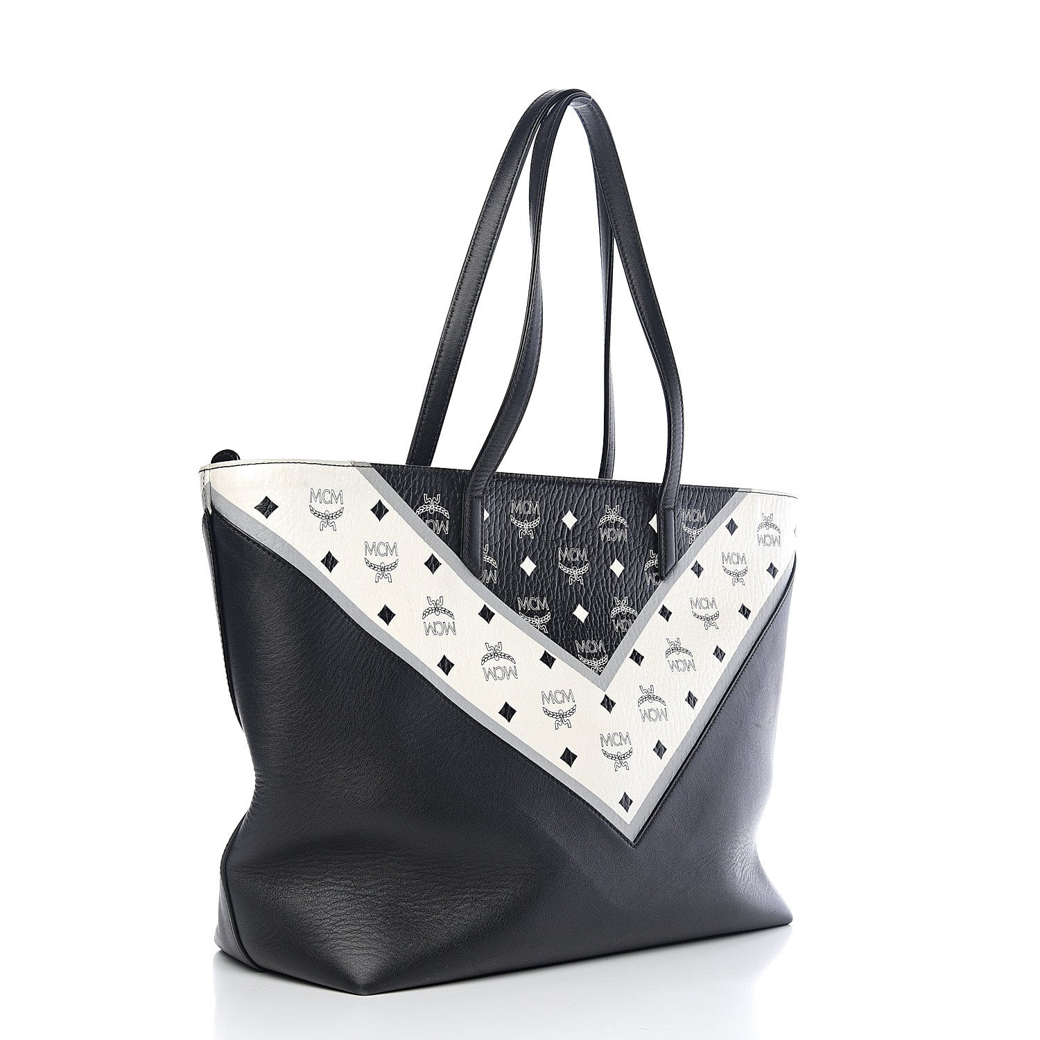 MCM Visetos Chevron Medium Colorblock Anya Zip Top Shopper Tote Cognac Black White 2 of 10