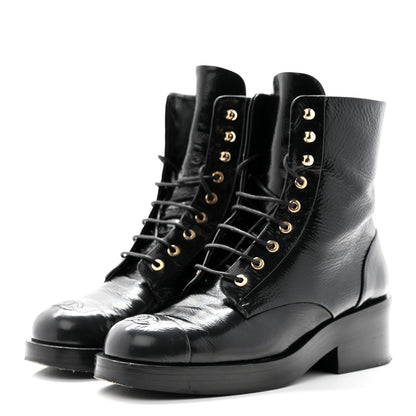 Chanel Shiny Goatskin Cap Toe Combat Boots 40.5 Black Dark Grey 3 of 19