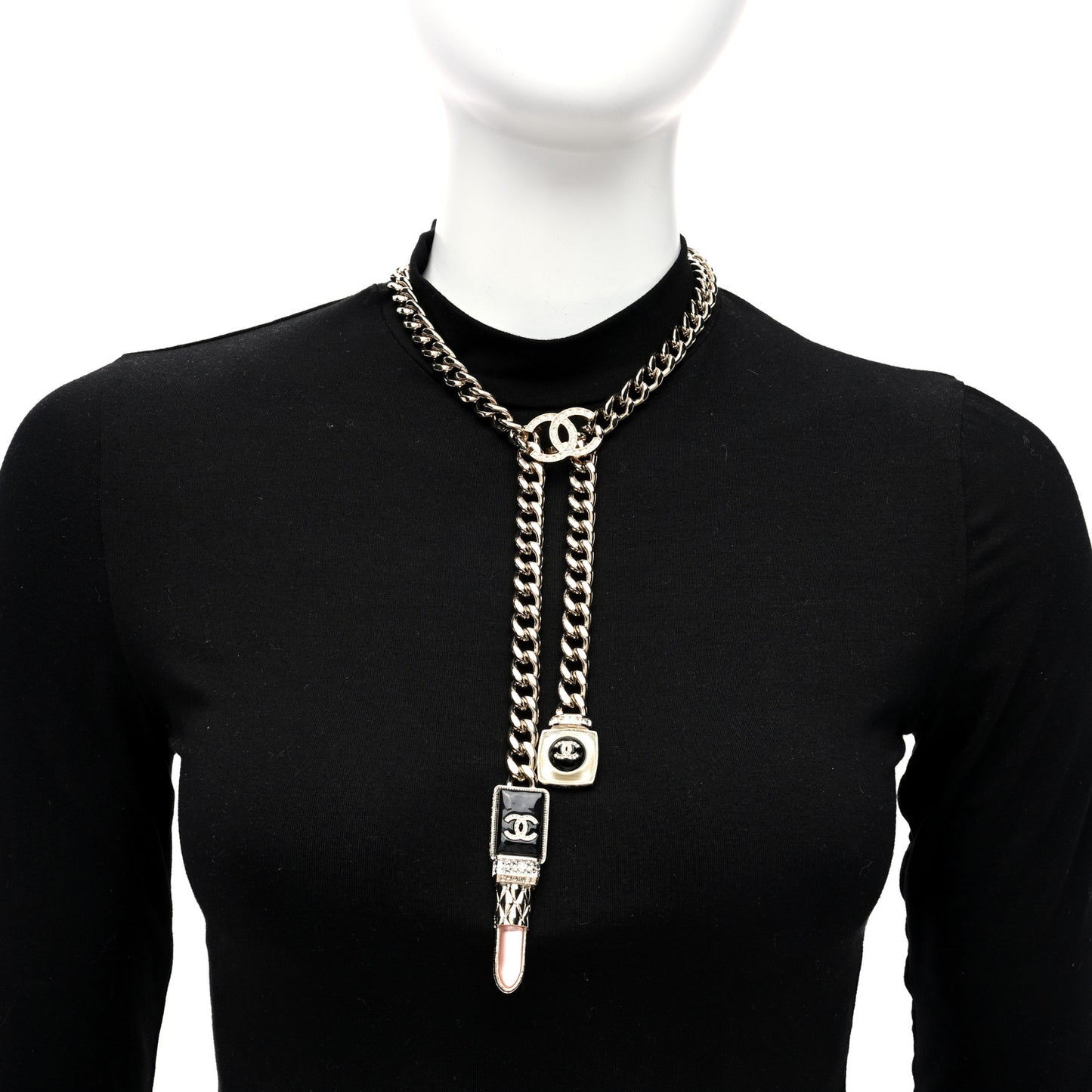 Metal Strass Pearl Lipstick Necklace Pink Gold