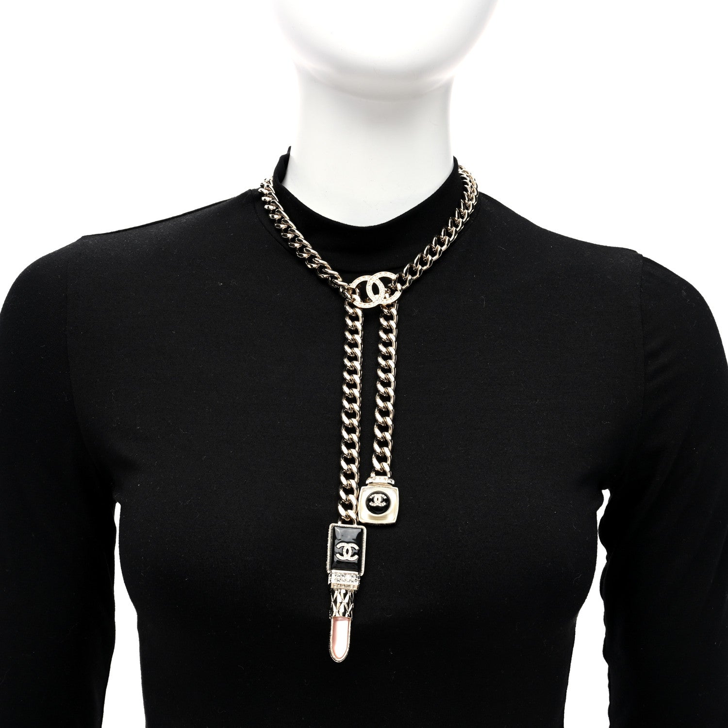 Chanel Metal Strass Pearl Lipstick Necklace Pink Gold 2 of 5