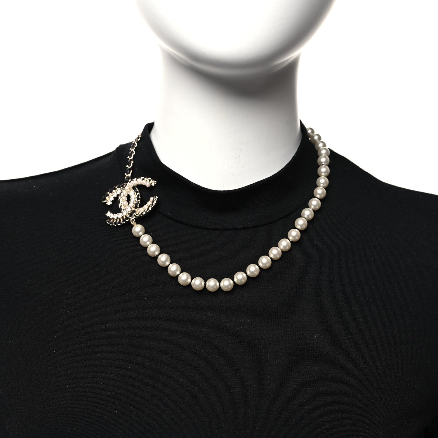 Chanel Lambskin Pearl Crystal CC Short Necklace Gold White Black 2 of 4