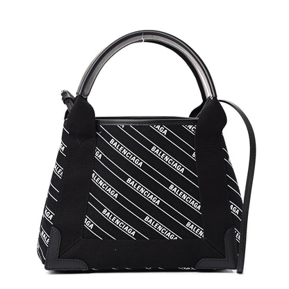 Balenciaga Cotton Canvas Calfskin Logo Print Navy Cabas XS Black White 2 of 10
