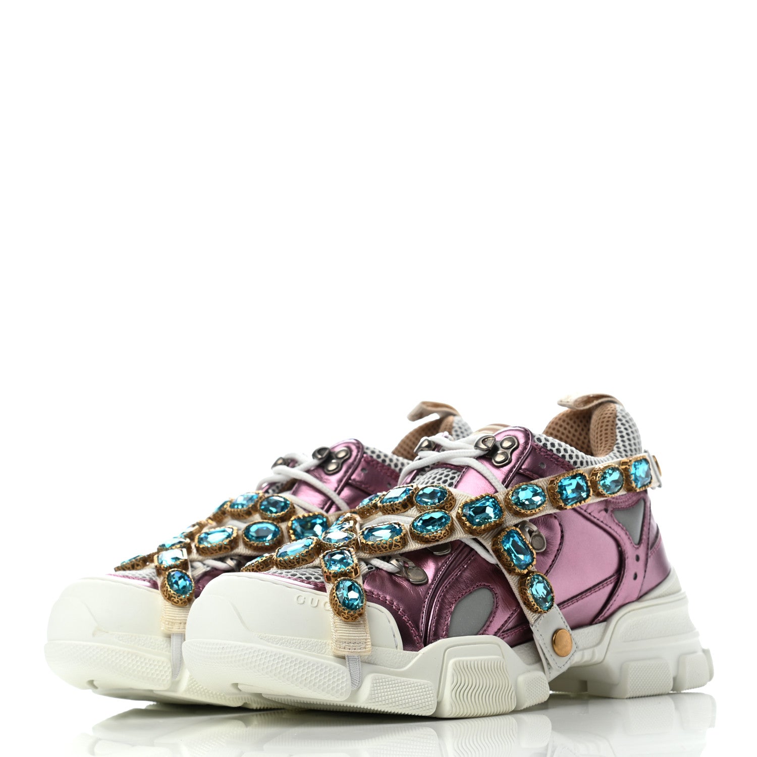 Gucci X SEGA Metallic Calfskin Mesh Removable Crystals Womens Flashtrek Sneakers 38 Rosa Great White Silver 3 of 6