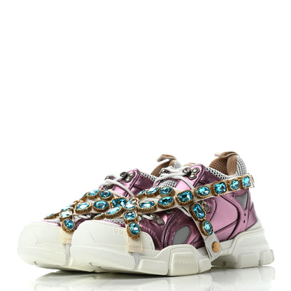 Gucci X SEGA Metallic Calfskin Mesh Removable Crystals Womens Flashtrek Sneakers 38 Rosa Great White Silver 3 of 6